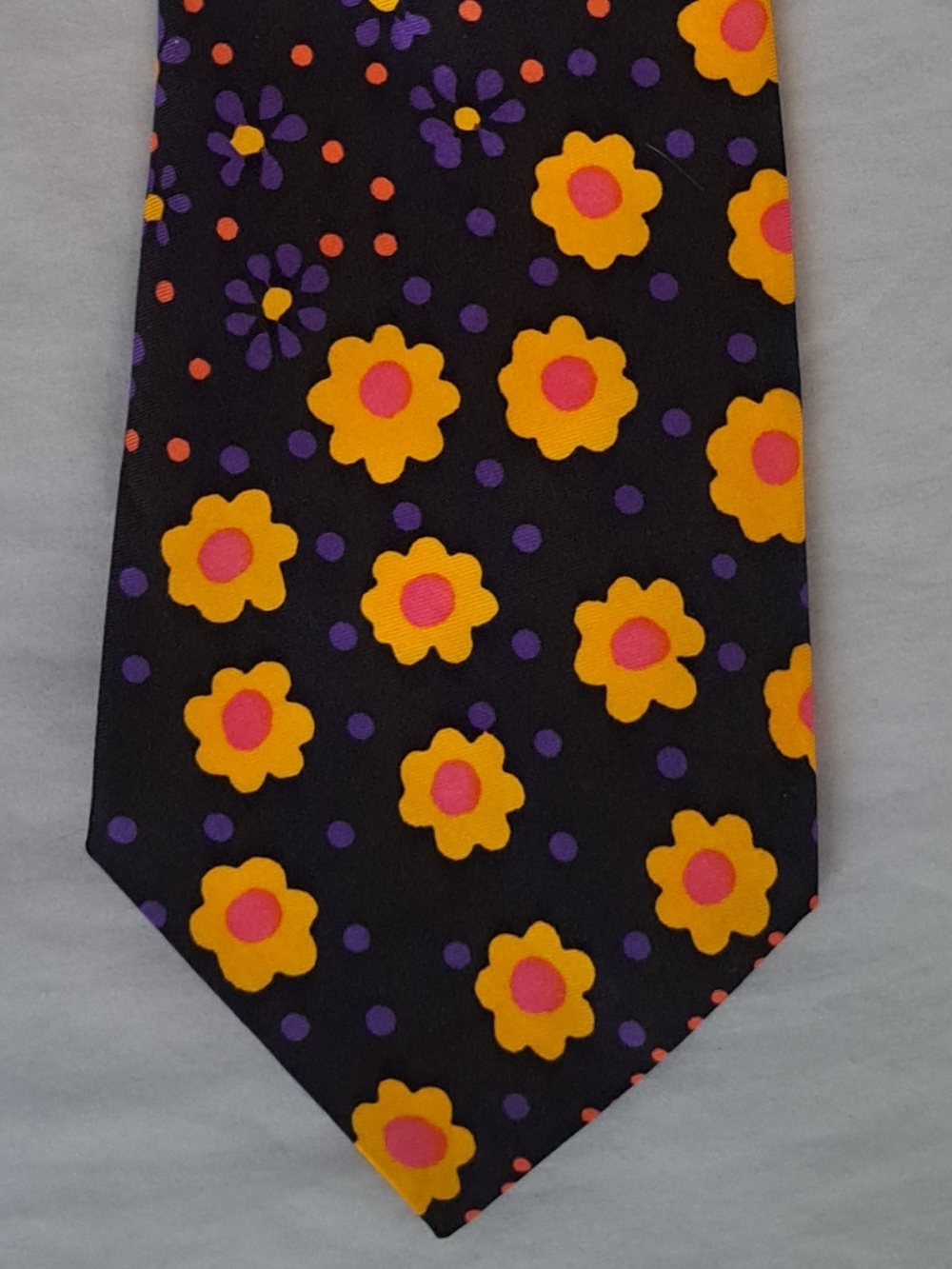 Vintage Jolly Black Floral Silk Tie with Yellow, Pink & Purple Flowers